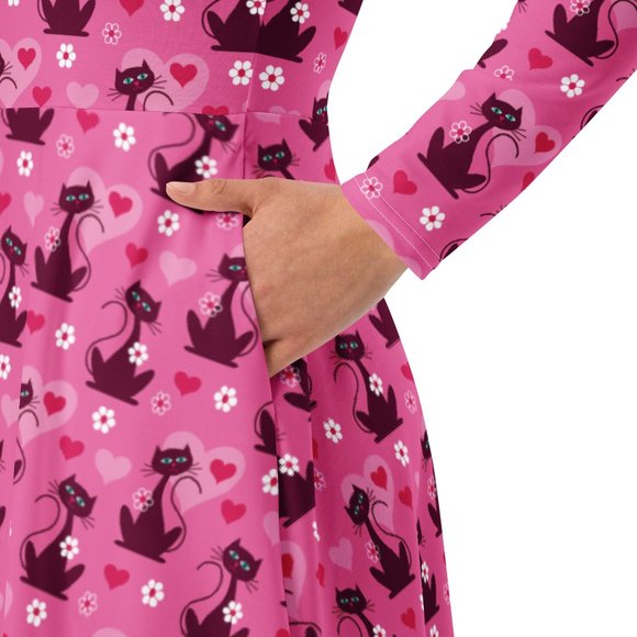 Kitty Cat Long Sleeve Pin Up Dress - Picture 3 of 11
